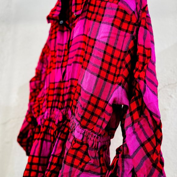 New Free People "Pacific Dawn" Medium Red Plaid Button up Top - Picture 3 of 12